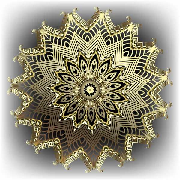 Orné d'or 3d beau motif mandala. Grec clés méandres lux — Image vectorielle