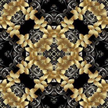 3d altın çiçekler dikişsiz desen. Çiçek arka plan. Vintage 3