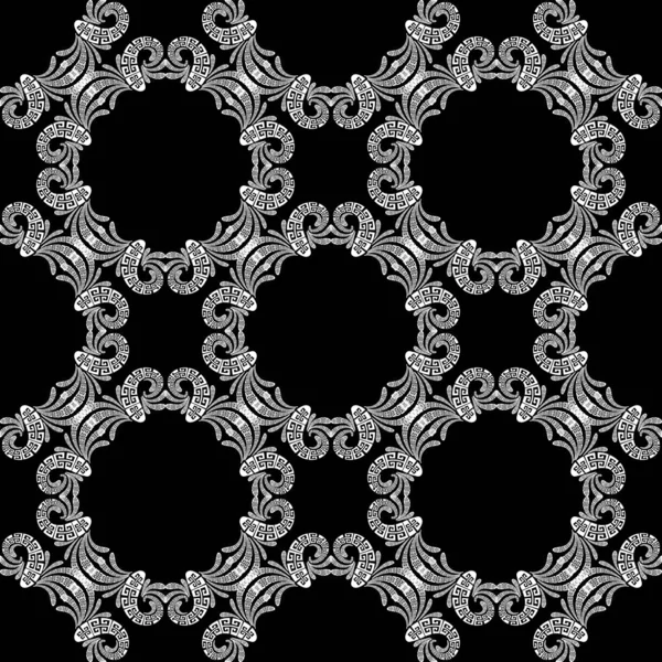 観賞用の花のギリシャベクトルシームレスパターン。白黒 — ストックベクタ