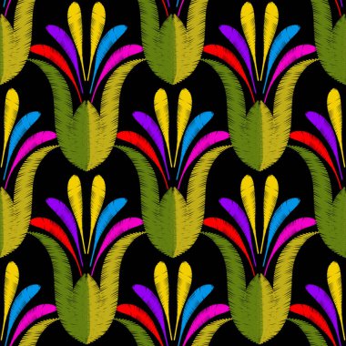 Dokulu nakış renkli çiçek dikişsiz desen. Vektör orn