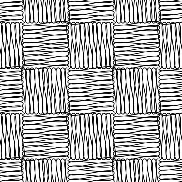 Línea geométrica garabato arte cuadrados vector patrón sin costura. Negro — Archivo Imágenes Vectoriales