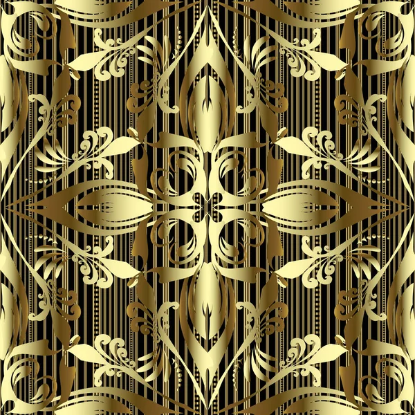 Vintage floral oro 3d vector patrón sin costura. Textura rayada — Vector de stock