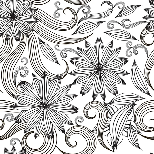 블랙과 화이트 꽃 라인 아트 원활한 패턴. 벡터 오르나멜 — 스톡 벡터