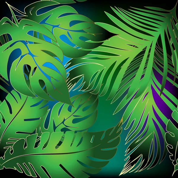 Palm leaves vector seamless pattern. Colorful glowing ornamental — Stock Vector