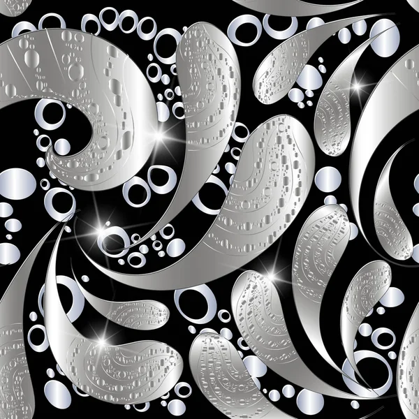Украшенный серебристый 3d Пейсли цветочный бесшовный узор. Орнаменталь-ши — стоковый вектор