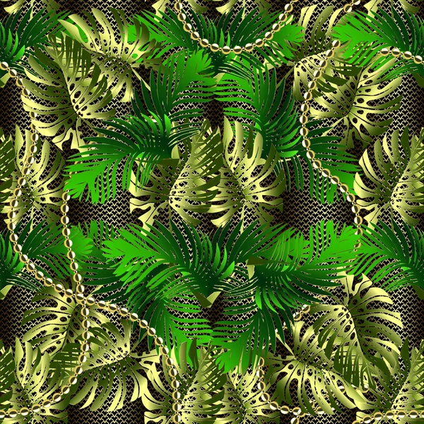 Ornate tropic leaves 3d vector seamless pattern. Lace ornamental — Stock Vector