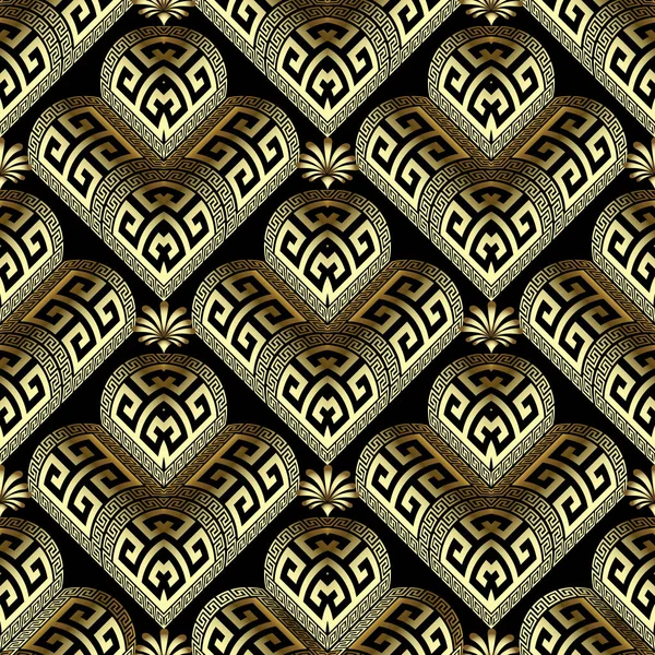 Gold 3d floral greek seamless pattern. Ornate geometric ornament — Stock Vector
