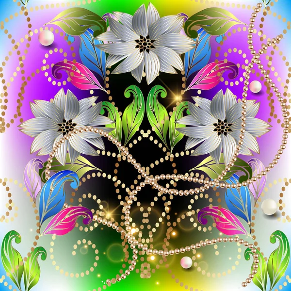 Farbenfrohe leuchtende florale 3D-Vektor nahtlose Muster. glänzende Ornamente — Stockvektor
