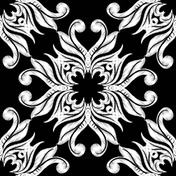 Broderie motif Damas noir et blanc sans couture. Ornement v — Image vectorielle