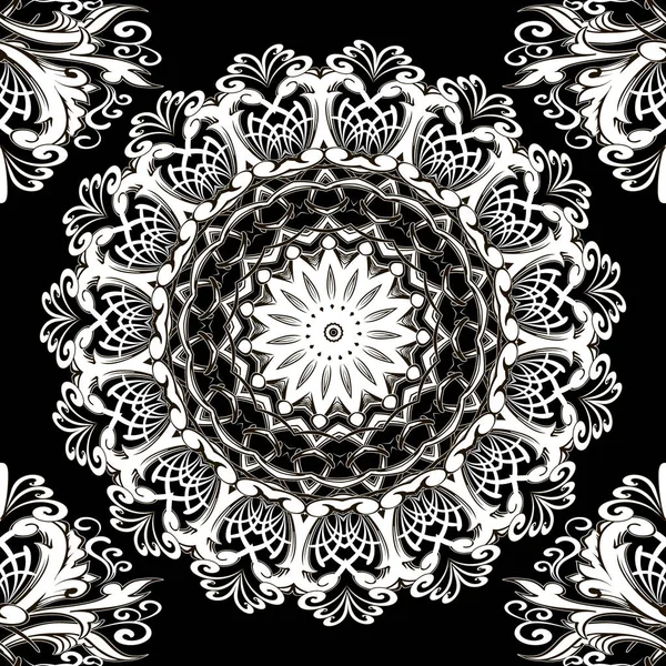 Mandala en dentelle florale noire et blanche motif sans couture. Ornement — Image vectorielle