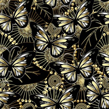 Kelebekler ve çiçekler 3d vektör sorunsuz desen. Soyut orn