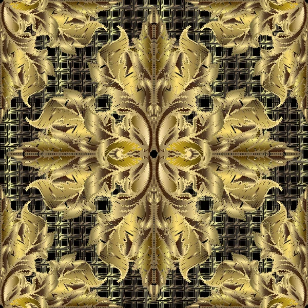 刺繍ゴールド3Dバロックシームレスパターン。ベクトル グリッド テクスチャ — ストックベクタ