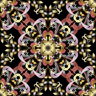 Süs Vintage 3D vektör Dikişsiz desen. Renkli süsleme