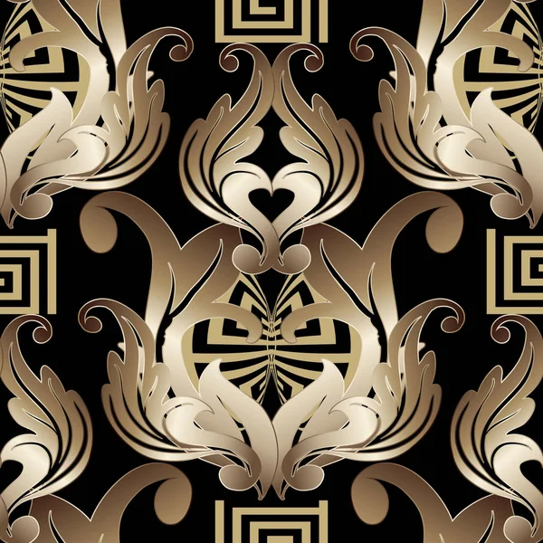 Or baroque motif vectoriel 3D sans couture. Ornamenta élégante noire — Image vectorielle