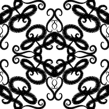 Nakış siyah ve beyaz vintage dikişsiz desen. Vektör orna