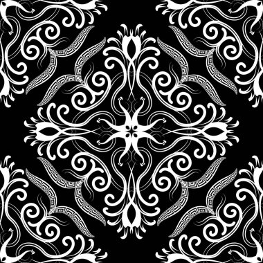 Damask siyah ve beyaz vintage vektör dikişsiz desen. Etnik g