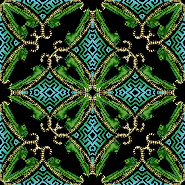 Lujo verde 3d moderno patrón sin costuras. Arabes ornamentales griegos — Vector de stock