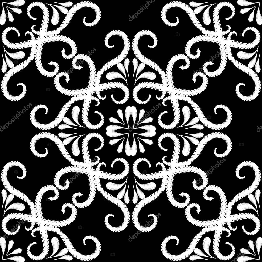 Embroidery black and white vintage seamless pattern. Vector orna