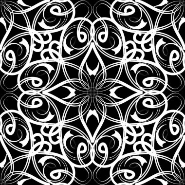 Siyah ve beyaz arabesk dikişsiz desen. Vektör süs ar