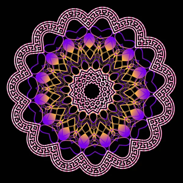 Colorido brillante patrón mandala vector griego. Brillo rosa violeta — Archivo Imágenes Vectoriales