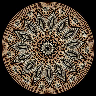 Etnik tarz yunan vektör yuvarlak sorunsuz desen. Kabile süs geometrik arka plan. Renkli Yunan anahtar meanders güzel süs. Zig zag çizgileri, şekiller, çiçekler. Soyut modern süslü tasarım.