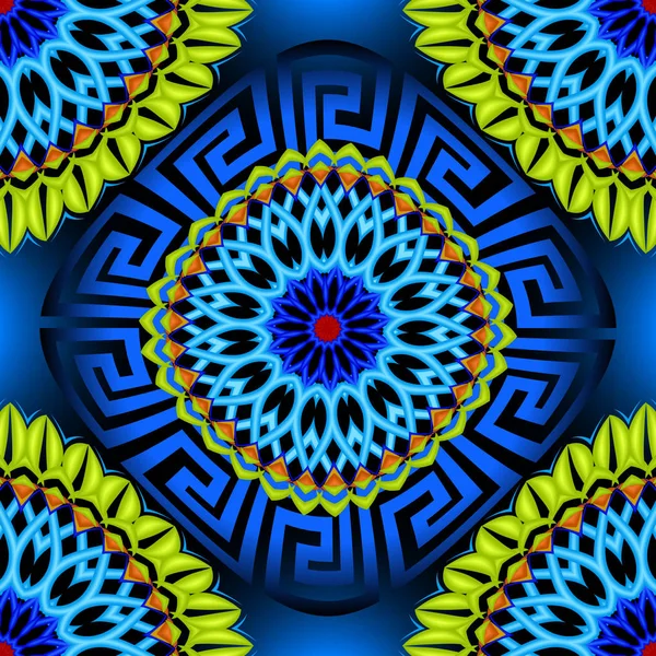 Färgglada ljusa grekiska vektor 3D sömlösa mönster. Glödande blommig blå bakgrund. Dekorativa geometriska upprepnings bakgrund. Abstrakt modern prydnad. Grekisk nyckel Meander. Etnisk stil design. Utsmyckade konsistens — Stock vektor