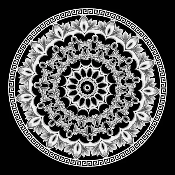 Barokowy wektor okrągły wzór Mandala. Starożytne ozdobne streszczenie czarno-białe tło. Geometryczne kształty i kwiaty. Dekoracyjny ozdobny wzór w stylu barokowym. Grecki klucz Meander kwiatowy ornament — Wektor stockowy