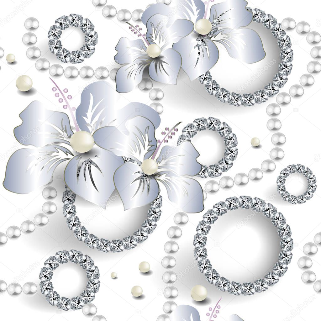 Modern 3d jewelry seamless pattern. Ornamental white wedding background. Surface luxury floral ornament with lily orchid flowers, diamonds, pears, necklaces. Elegance design for cards, wallpapers.
