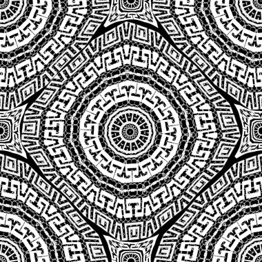Geometrik yunan kabile vektör dikişsiz desen. Etnik süs soyut dantel arka plan. Geometriyi siyah beyaz zemini tekrarlayın. Geometrik şekiller, çizgiler ile Yunan anahtar meanders lacy süs