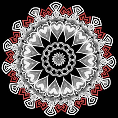 Yunan vektör mandala deseni. Kabile siyah beyaz kırmızı çiçek arka plan. Antik etnik Yunan anahtar meanders süs. Geometrik şekiller, yuvarlak kareler, aşk kalpleri, daireler. Barok tarzı çiçekler, yapraklar