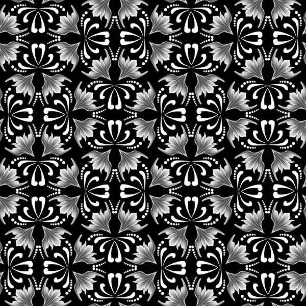 Floral zwart-wit Vintage vector naadloze patroon. Mooie decoratieve etnische stijl achtergrond. Herhalen decoratieve monochroom achtergrond. Hand getekende Paisley bloemen, bladeren, stippen. Elegantie sieraad — Stockvector