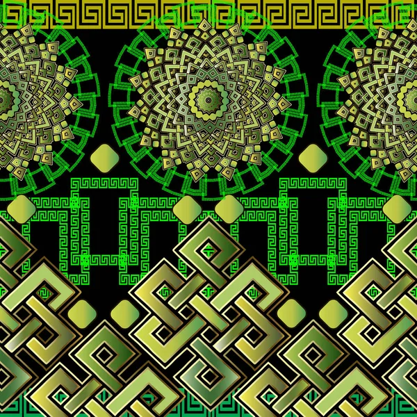 Tribal en etnische kleurrijke vector naadloze randen patroon. Gedessineerde heldere geometrische mandala's achtergrond. Griekse sleutel meanders. Groene geometrische vormen, knopen, randen, zigzag lijnen, Rhombus, cirkels — Stockvector