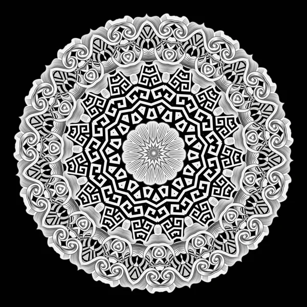Barokke stijl Griekse vector Mandala patroon. Tribal zwart-wit bloemen achtergrond. Oude etnische Griekse belangrijke meanders Lace ornament. Geometrische vormen, ronde kaders, cirkels. Barokke bloemen, bladeren — Stockvector