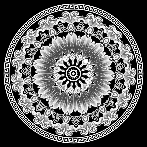 Greek vector elegant mandala pattern. Tribal black and white floral background. Ancient ethnic greek key meanders Baroque ornament. Geometric shapes, round frames, circles. Baroque flowers, leaves — Stock Vector