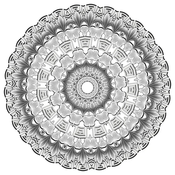 Barokke stijl Griekse vector Mandala patroon. Tribal zwart-wit bloemen achtergrond. Oude etnische Griekse belangrijke meanders Lace ornament. Geometrische vormen, ronde kaders, barokke bloemen, bladeren. Geïsoleerd — Stockvector