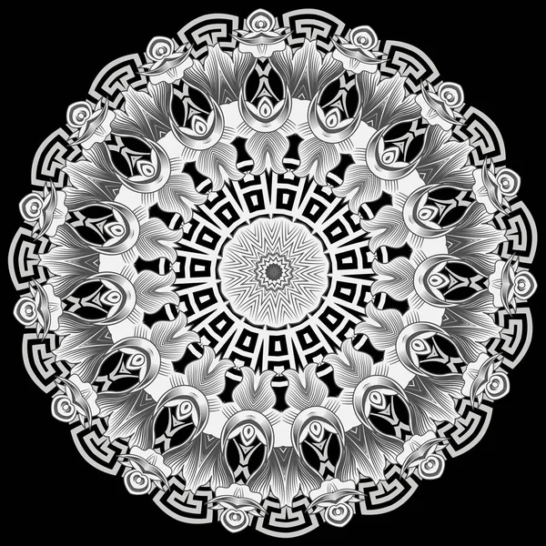 Barokke stijl Griekse vector Mandala patroon. Tribal zwart-wit bloemen achtergrond. Oude etnische Griekse belangrijke meanders Lace ornament. Geometrische vormen, ronde kaders, barokke bloemen, bladeren — Stockvector