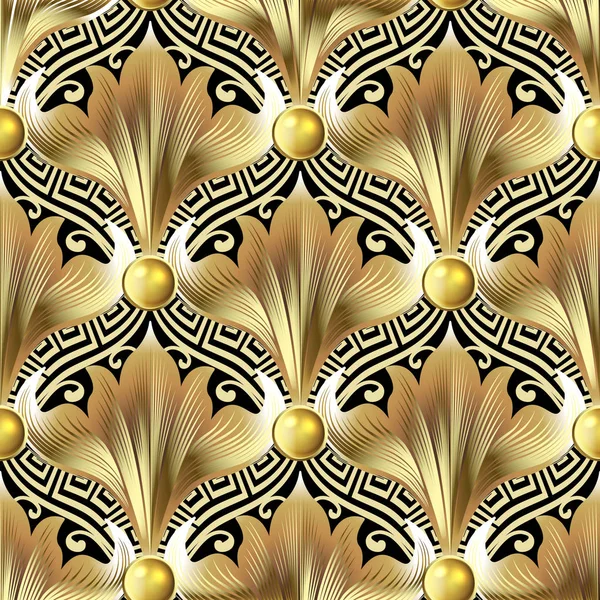 3d Blumen Luxus griechischen Vektor nahtlose Muster. Ornamentschmuck modernen Hintergrund. Oberfläche strukturiert wiederholen Hintergrund. Vintage-Blumen, goldene Knöpfe, geometrische Formen. griechischer Schlüssel mäandert Ornament. — Stockvektor