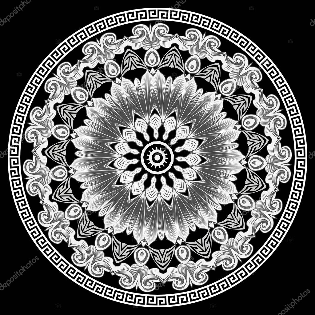 Greek vector elegant mandala pattern. Tribal black and white floral background. Ancient ethnic greek key meanders Baroque ornament. Geometric shapes, round frames, circles. Baroque flowers, leaves