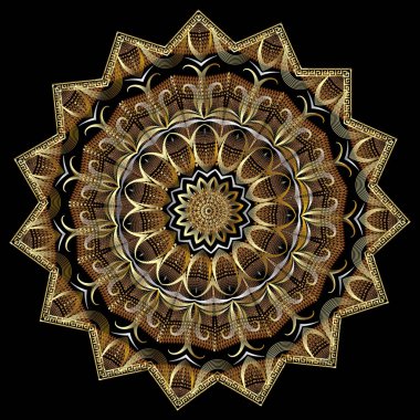 Süslü dokulu 3d vektör mandala deseni. Süs modern Yunan arka plan. Yunan anahtar meander zikzak çerçeve ile Yuvarlak vintage çiçek 3d süs. Lüks soyut çiçek. Geometrik desenli tasarım.