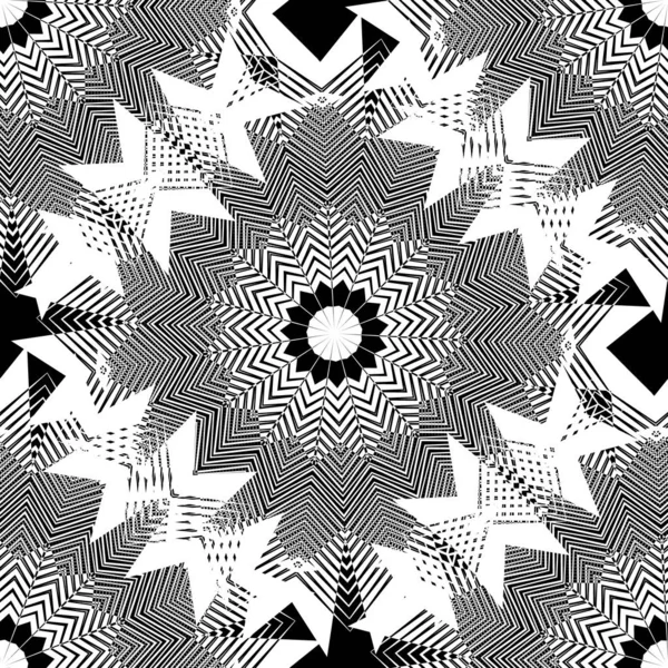 Zickzack Mandalas Vektor nahtlose Muster. Schwarz-weißer monochromer geometrischer Hintergrund. Zick-Zack-Linien wiederholen Hintergrund. abstrakte geometrisch gestreifte Ornamente. modernes strukturiertes Liniendesign. — Stockvektor