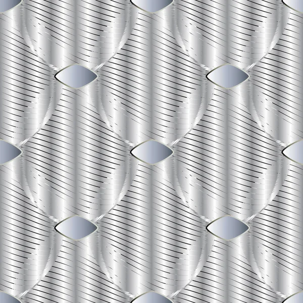 3d striped ornamental light vector seamless pattern. Silver textured abstract background. Surface modern repeat backdrop. Decorative ornate 3d ornament with geometric shapes, lines, stripes, tiles. — Stock Vector