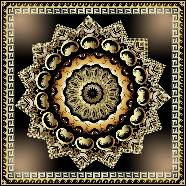 Gold 3d Zickzack griechischen Vektor-Mandala-Muster. Blumenschmuck. quadratischer griechischer Schlüssel mäandert Rahmen. Wellenlinien. glühend reich verzierten geometrischen Hintergrund. Wiederholung gemusterten modernen Hintergrund. Luxusdesign — Stockvektor