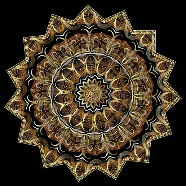 華やかなテクスチャ3Dベクトルマンダラパターン。装飾的な近代的なギリシャの背景。ギリシャのキー蛇行ジグザグフレームとラウンドヴィンテージ花の3D装飾。豪華な抽象的な花。幾何学模様のデザイン. — ストックベクタ