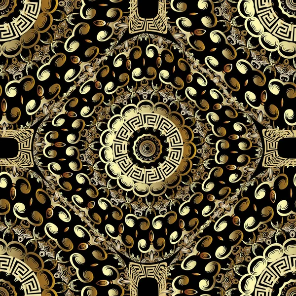 Abstraktní zlatá geometrická Řecká Vektorová maska. Květinové ozdobné černé a zlaté pozadí. Řecké tlačítko je ozdobou s květinami, listy, víly, kolem Mandalas. Dekorativní pozadí s dekorativním pozadím — Stockový vektor