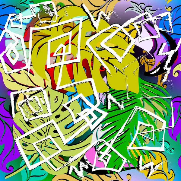 Patrón sin costura de vector colorido tropical. Fondo frondoso ornamental vintage. Graffiti estilo garabato tiza griego meandros clave. Fondo de repetición exótica. Hojas de palma. Textura grunge. Diseño moderno . — Vector de stock