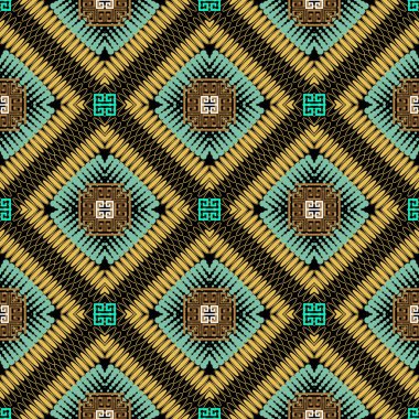 Geometrik renkli yunan vektör dikişsiz desen. Modern süs etnik kökeni. Kabile tekrar arka plan. Yarım ton noktalı çizgiler, radyal şekiller, eşkenar dörtgen. Soyut yunanca anahtar meanders süs.