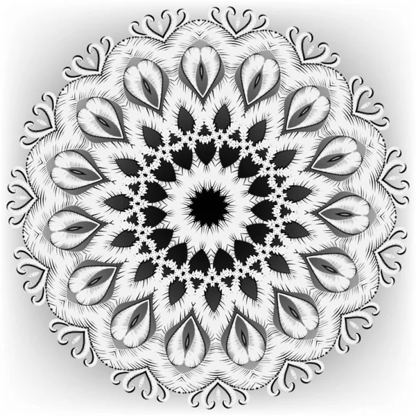 Borduurwerk ronde bloemen Mandala patroon. Vector getextureerde zwart-wit achtergrond. Tapestry Grunge Floral Paisley ornament. Geborduurde bloem. Oppervlaktetextuur. Decoratief ontwerp. Grungy textuur — Stockvector