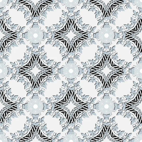 Estilo floral grego elegância vetor padrão sem costura. Fundo de luz ornamental geométrica. Repetição decorativa abstrata pano de fundo. Ramos, folhas, formas de geometria, círculos. Enfeite de meandros chave grego —  Vetores de Stock