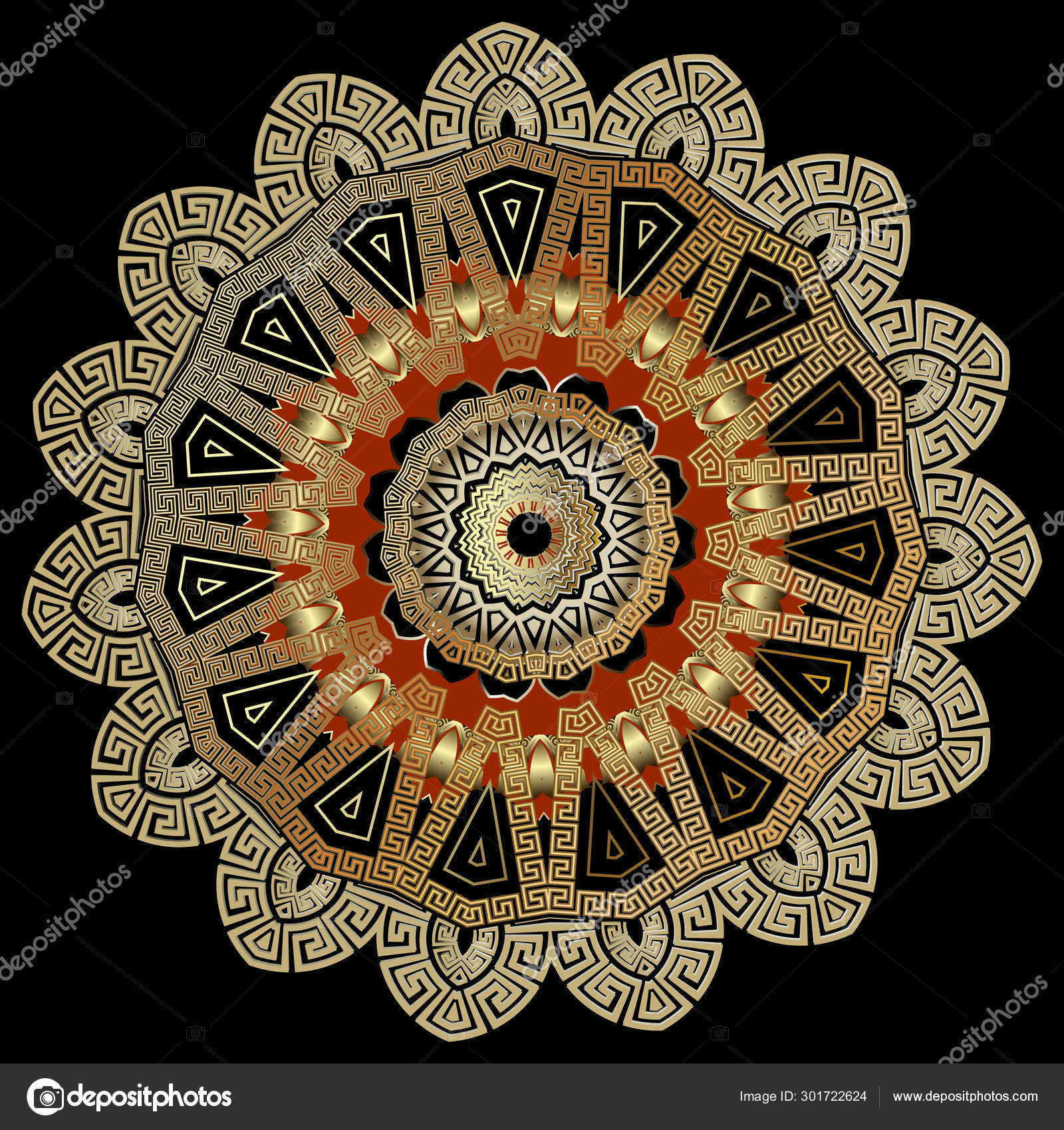 Greek ancient round 3d mandala pattern. Ornate gold abstract flower.  Ornamental geometric background. Decorative floral backdrop. Greek key  meanders beautiful ornament. Luxury design Stock Vector by ©Nailaz 301722624