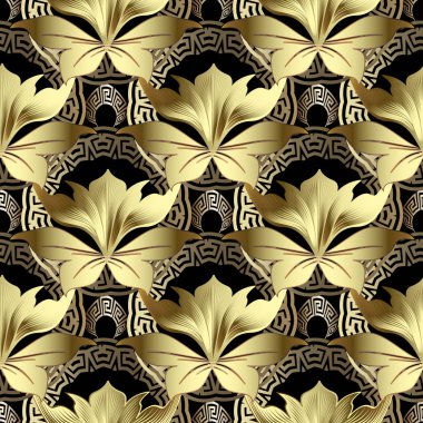 Altın 3d Barok dikişsiz desen. Çiçek süs Yunan arka plan. Vintage Yunan anahtar meanders geometrik süs. Güzel yüzey altın çiçekler, yapraklar, daireler, şekiller. Lüks süslü tasarım